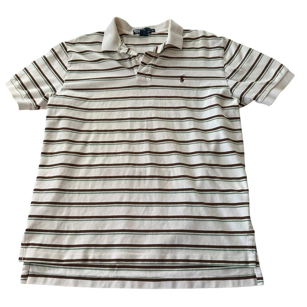 Vintage Polo Ralph Lauren White Brown Golf Shirt Men’s L Striped Cotton Tail